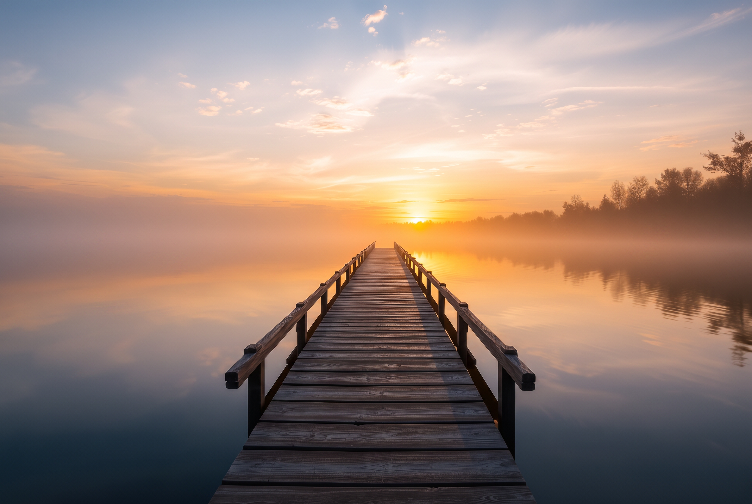 Sunrise over a calm lake with a wooden dock leading toward the horizon